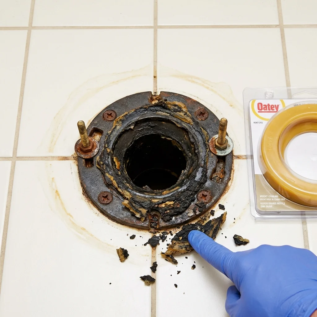 Failed wax ring showing water seepage at the base of a toilet in a Tecumseh, MI home