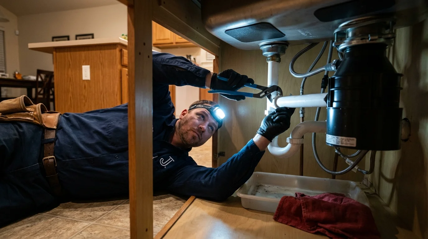 P-trap and supply line connections under a kitchen sink showing a common leak point in Tecumseh, MI